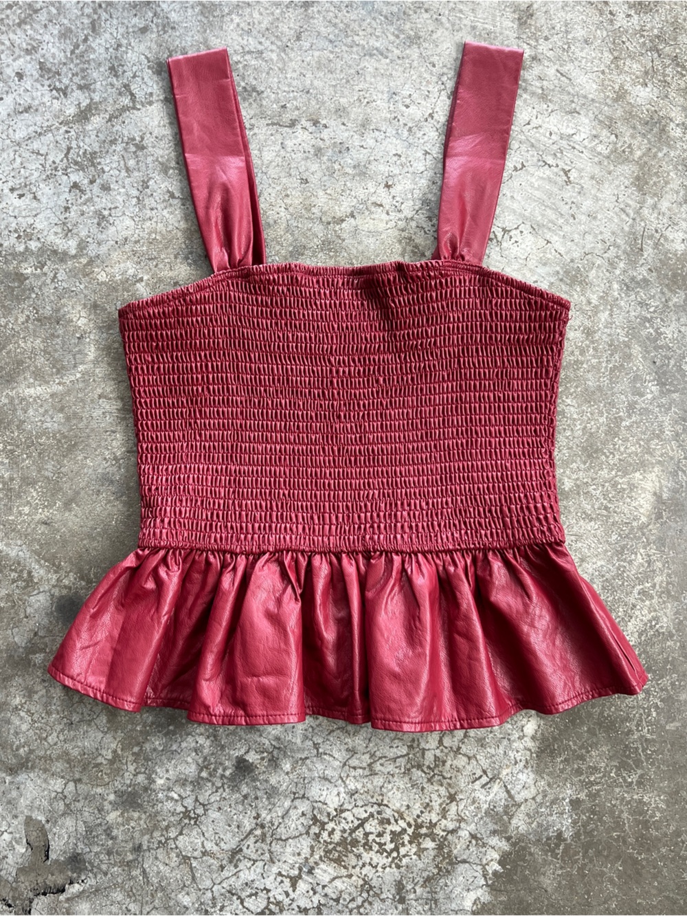 TCEC Red Faux Leather Smocked Peplum Tank Top Women's Medium Wide Strap Stretch